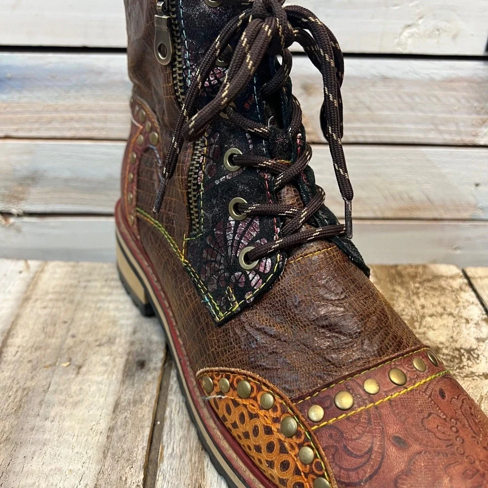 Spring Step L'Artiste Leather Combat Boots Studded Patchwork Floral Size 40
